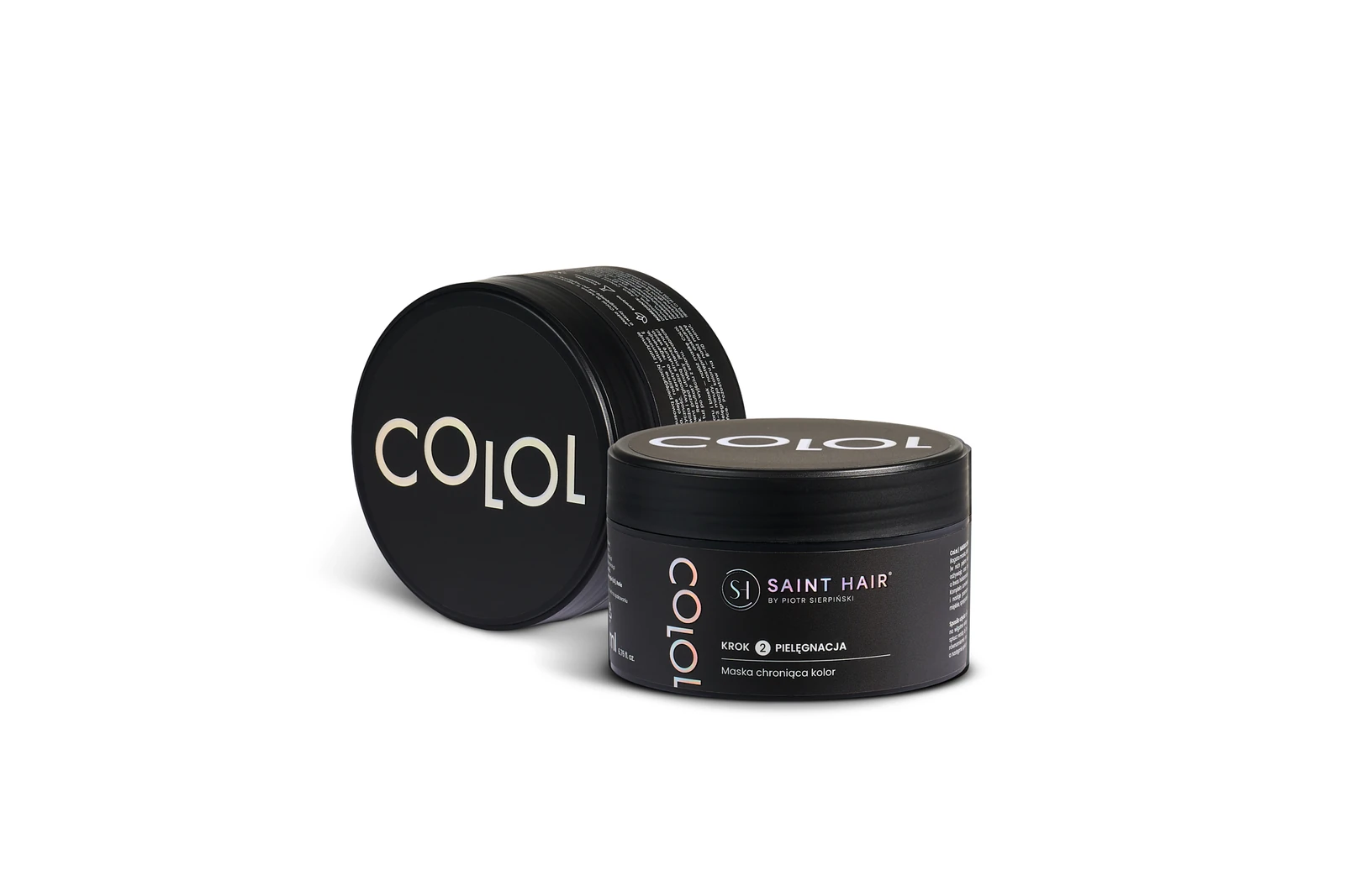 Kompozycja dwóch słoików ColoL z holograficznym logotypem – packshot