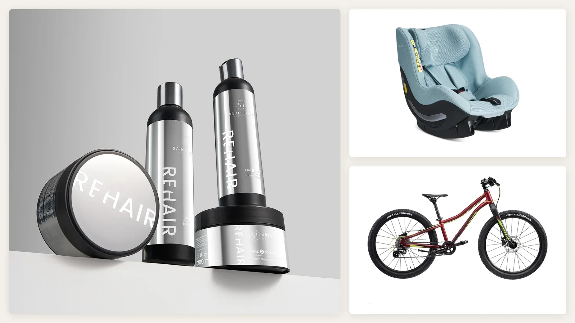 Packshoty Packshothouse – kosmetyki Saint Hair REHAIR w chromowanych opakowaniach na szarym tle, fotelik samochodowy Avionaut i rower Merida na białym tle